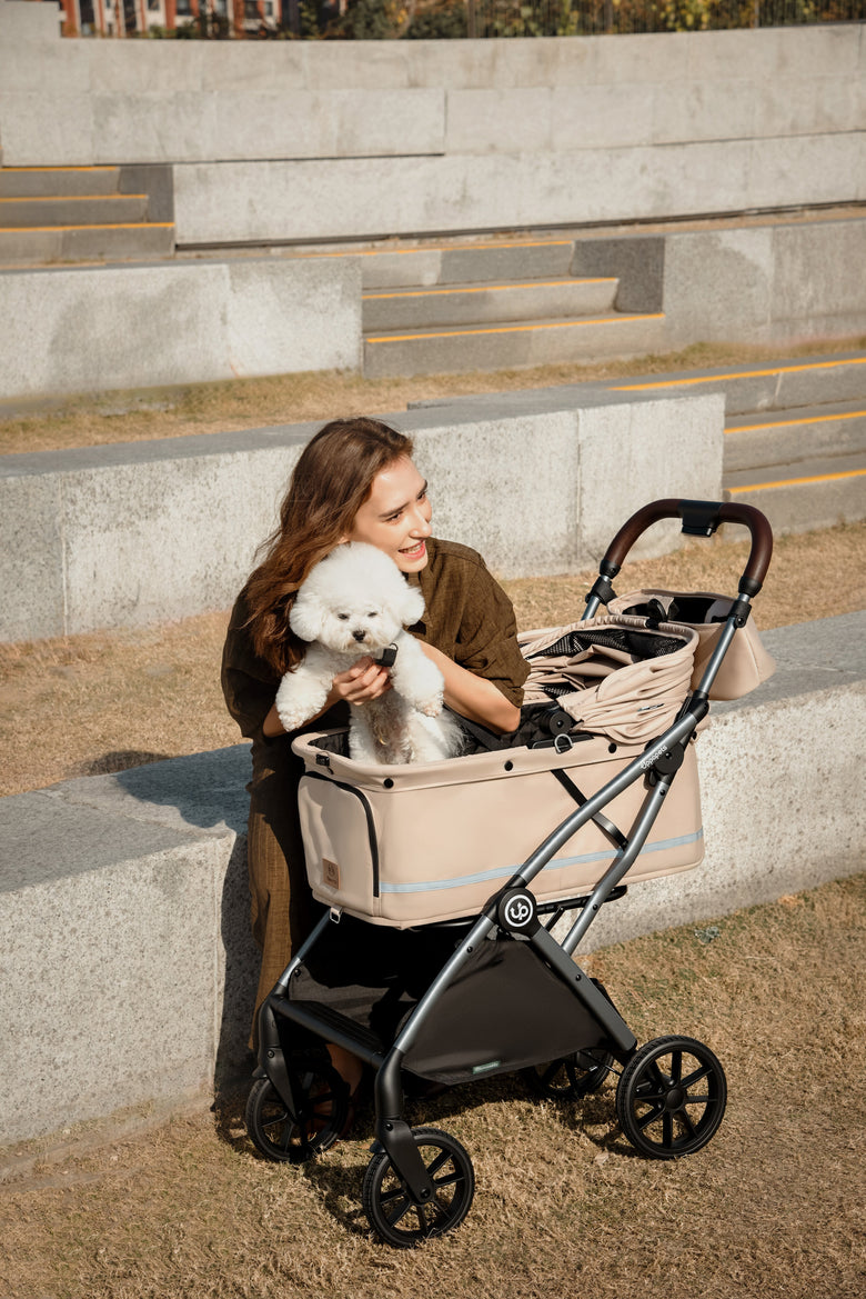 Woman holding a white dog beside a beige pet stroller near outdoor steps.
