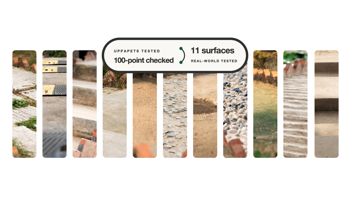 Eleven real-world test surfaces with the Uppapets 100-point checked badge.