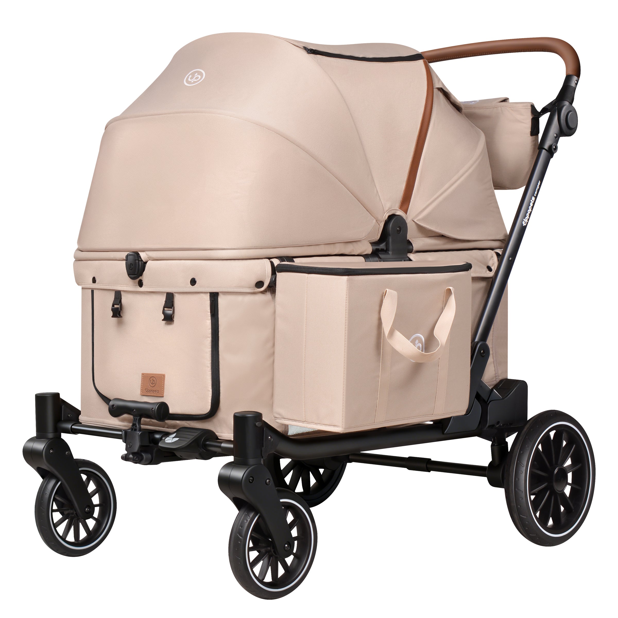 Beige Uppapets Camper Max pet stroller with black frame, large canopy, side storage bag and brown handle accents on a white background.