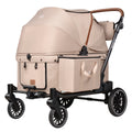 Beige Uppapets Camper Max pet stroller with black frame, large canopy, side storage bag and brown handle accents on a white background.